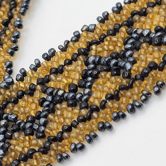 Vintage Beaded Wide Choker Gold Platinum & Black Glass Seed Beads 1" x 14.5" - Picture 3 of 11
